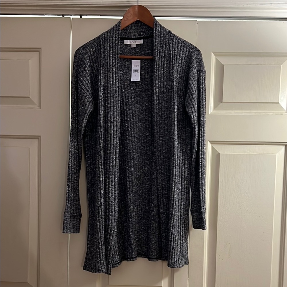 LOFT Ribbed Open Cardigan NWT Long Black and White lightweight